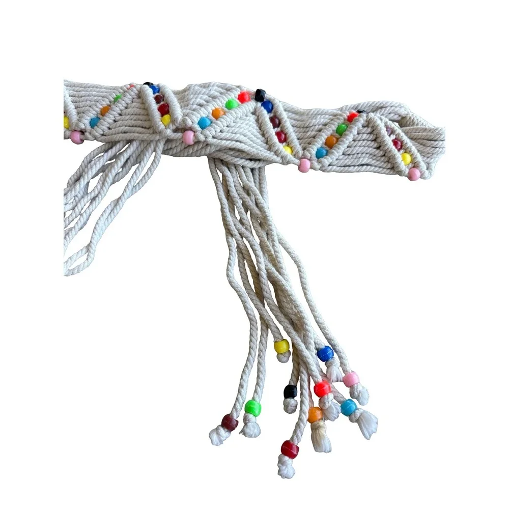 Macrame Beaded Tassel Waist Belt One Size Ivory Cotton Boho